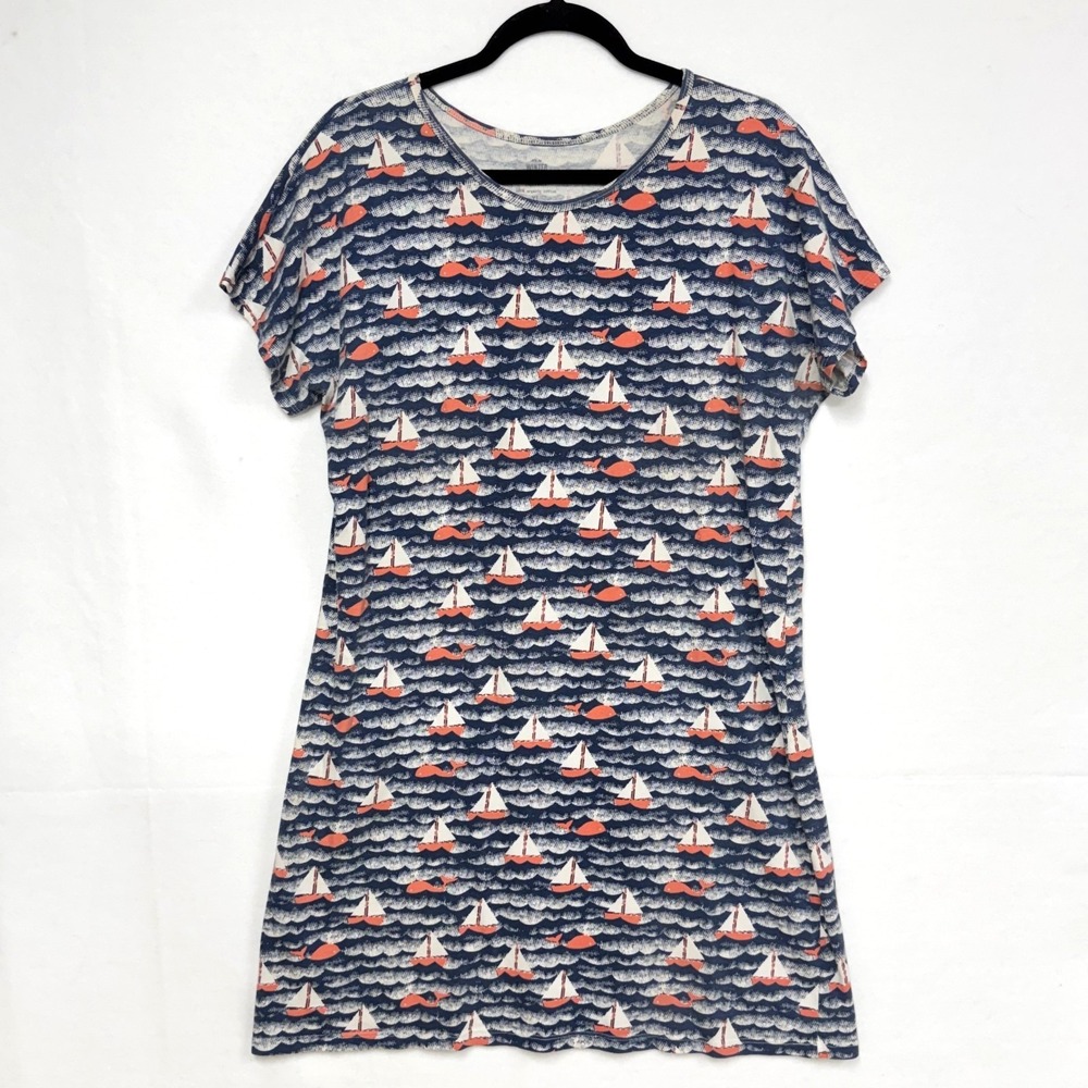 Winter Water Factory Cotton T-Shirt Dress, Sz XL, Sailboat Pattern Beach Summer